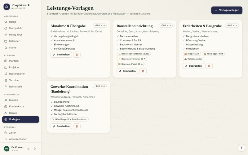 Service templates with checklist, equipment & prices