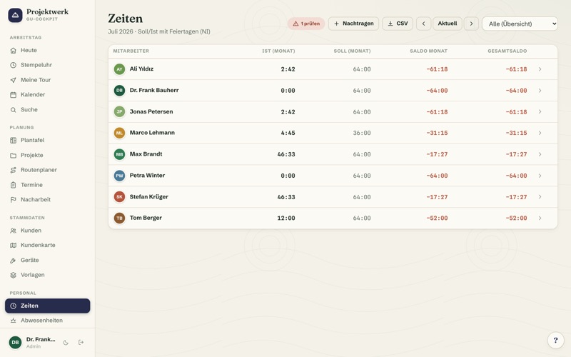Time reports: target/actual, balance & export