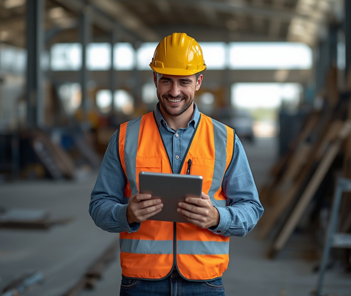 Happy tradesman with a tablet on site using the industry software