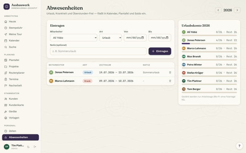 Absences & holiday account