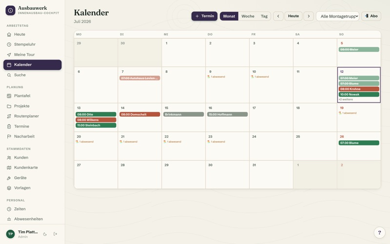 Calendar with crew colours