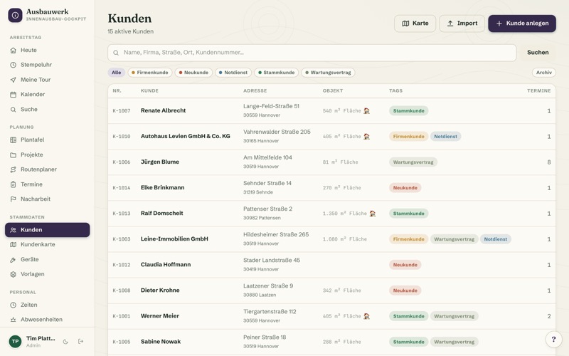 Customer list with tags & search