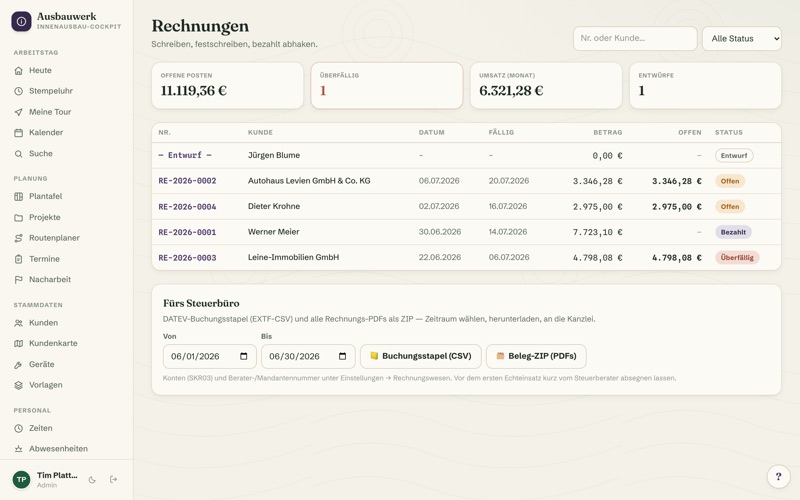 Invoices: per-m² positions, open items & DATEV export