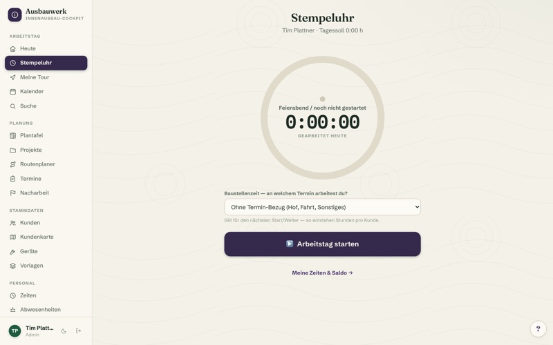 Time clock — hours booked straight to the project