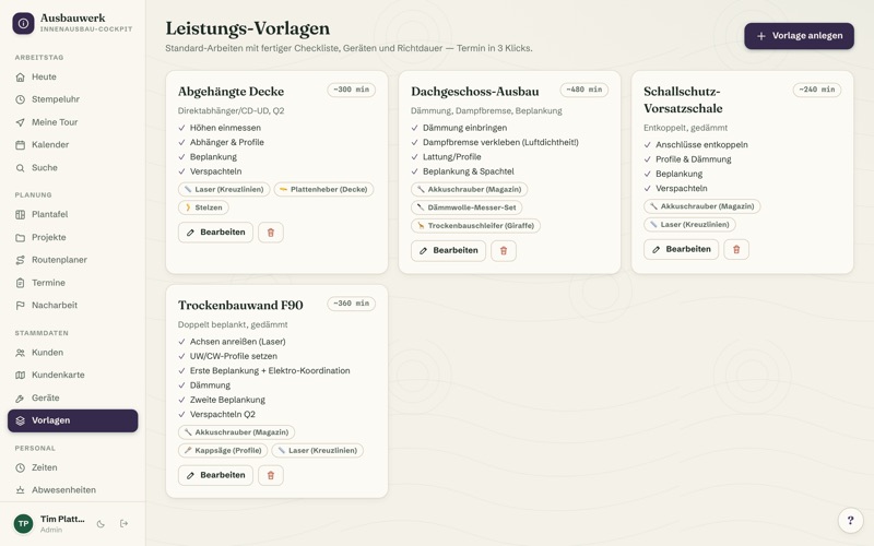Service templates with per-m² prices — F90 wall €96/m²