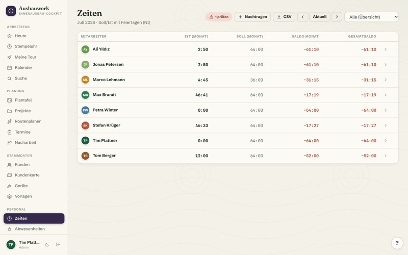 Time reports: target/actual, balance & export
