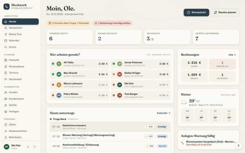 Dashboard: live board, invoices & due gutter maintenance