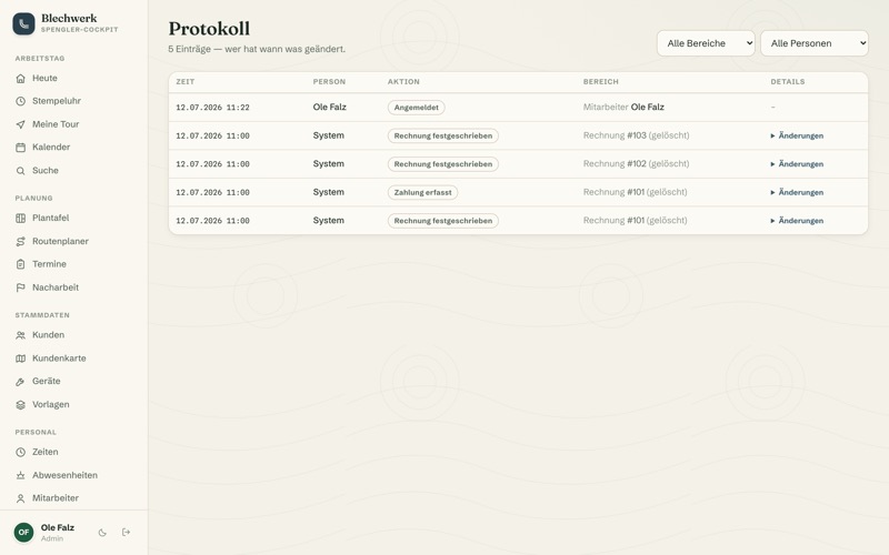 Audit log — every change traceable