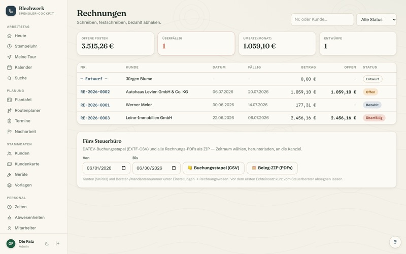 Invoices: per-metre positions, open items & DATEV export