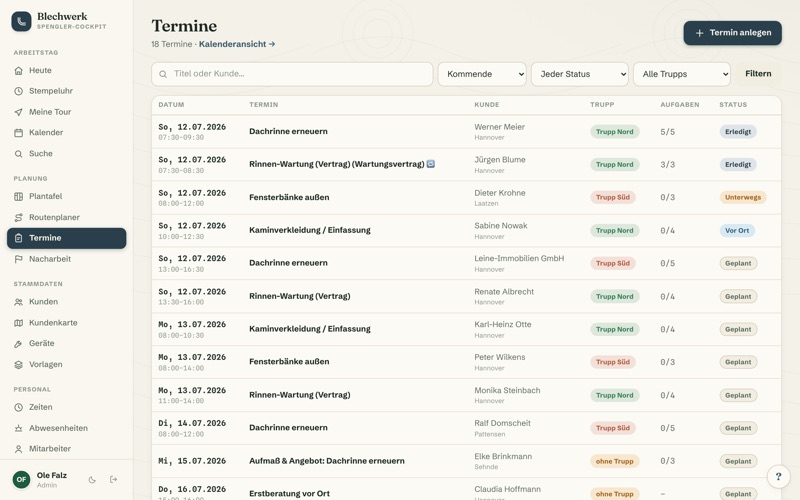 Appointments with tinsmith checklists & leak test