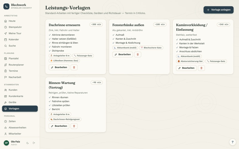 Service templates with prices — zinc gutter €68/m