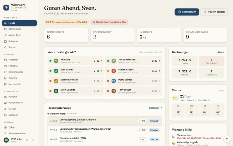 Dashboard: live board, invoices & daily overview