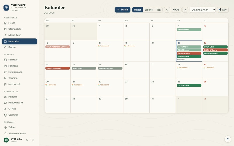 Calendar with crew colours