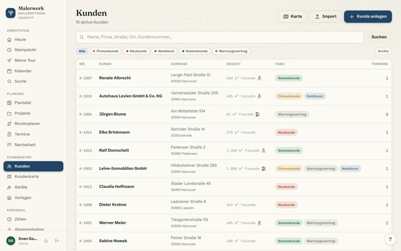 Customer list with tags & search