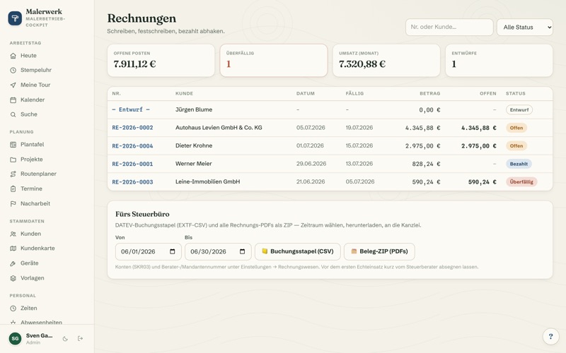 Invoices: open items, status & DATEV export
