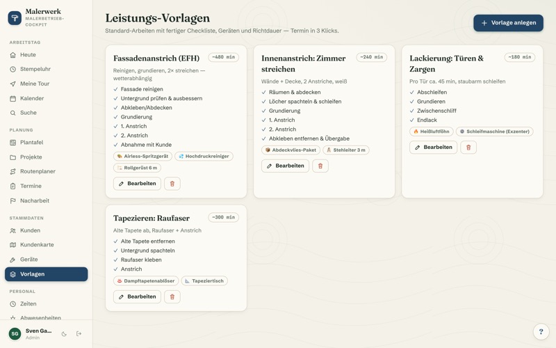 Service templates with checklist, tools & prices