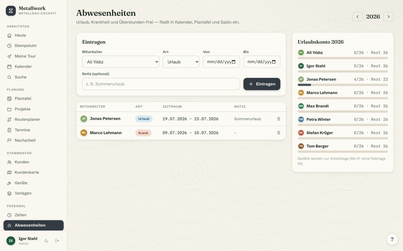 Absences & holiday account