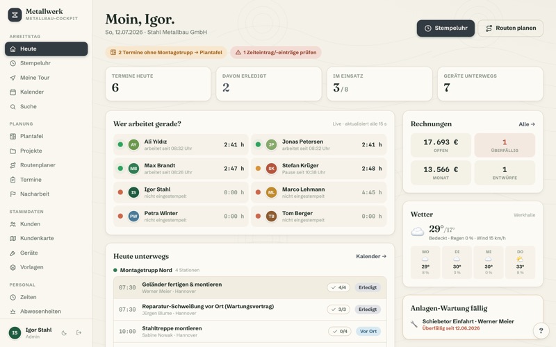 Dashboard: live board, invoices & due gate inspection