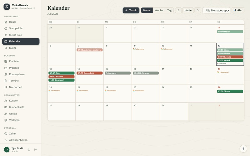 Calendar with crew colours