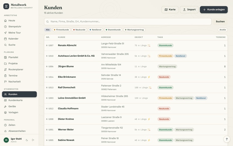 Customer list with tags & search