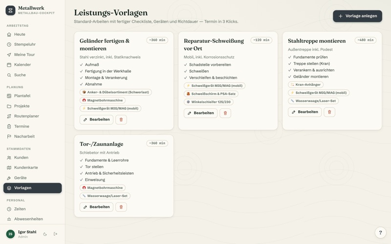 Service templates with prices — railing €289/m