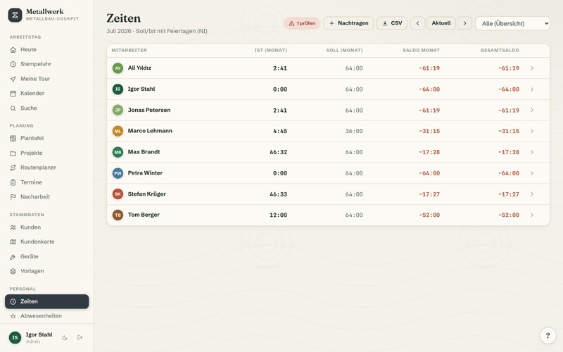 Time reports: target/actual, balance & export