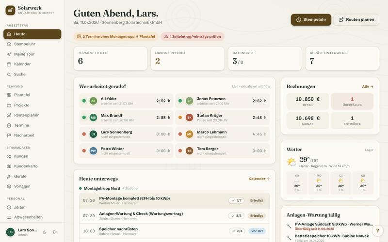 Dashboard: live board, due maintenance & invoices