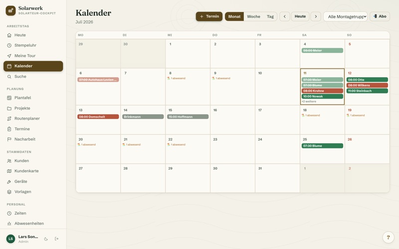 Calendar with crew colours