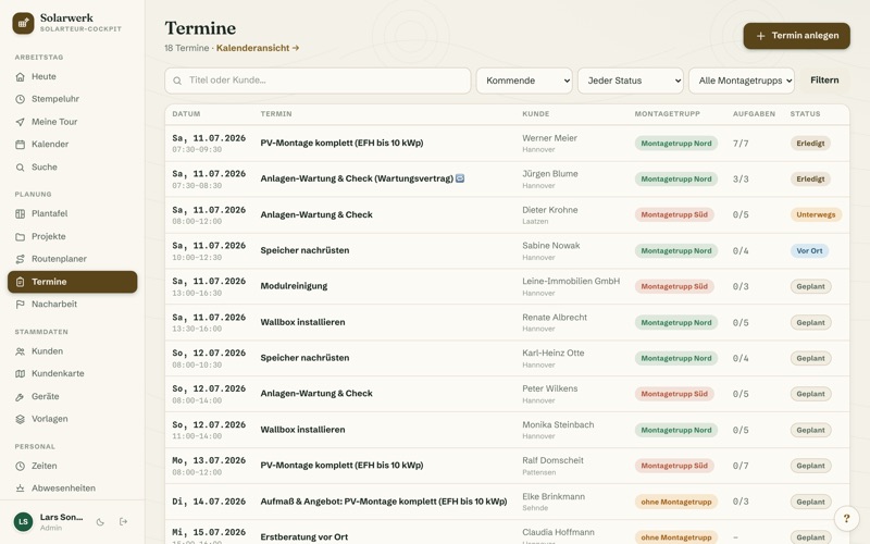 Appointments with installation checklists