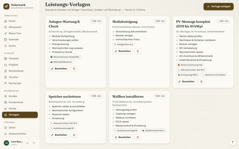 Service templates with checklist, tools & prices