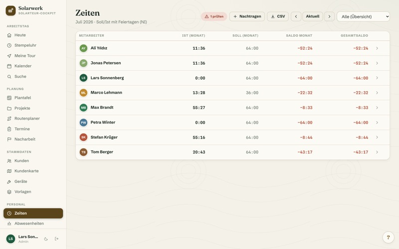 Time reports: target/actual, balance & export