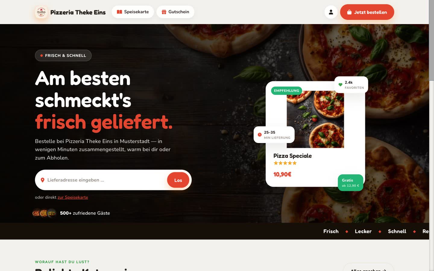 Startseite des Bestellsystems mit Speisekarte, Lieferadress-Eingabe und Empfehlungskarte
