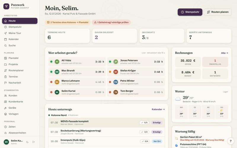 Dashboard: live board, weather & invoices