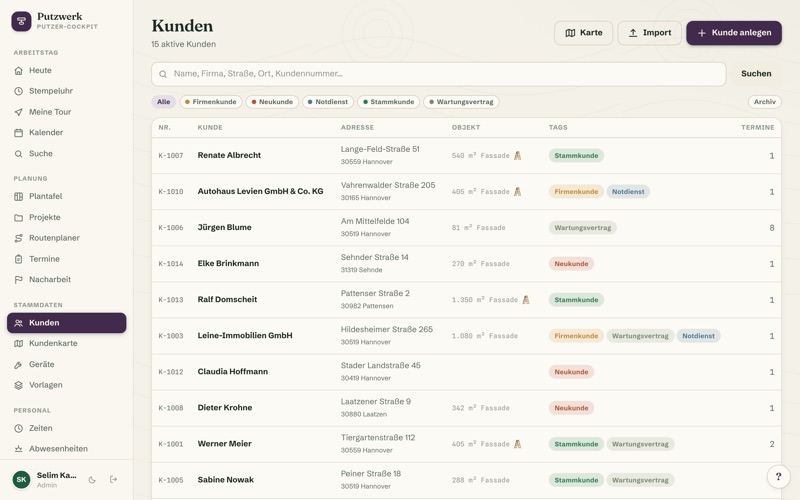 Customer list with tags & search