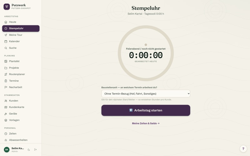 Time clock — hours booked straight to the project