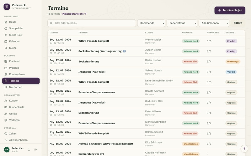 Appointments with plastering checklists