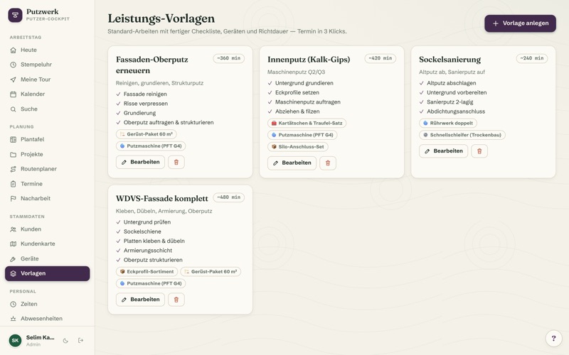 Service templates with checklist, machines & prices