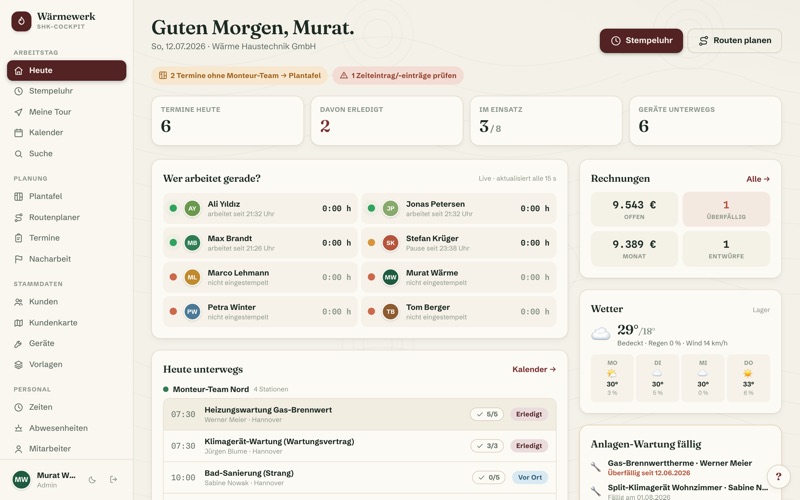 Dashboard: live board, due maintenance & invoices