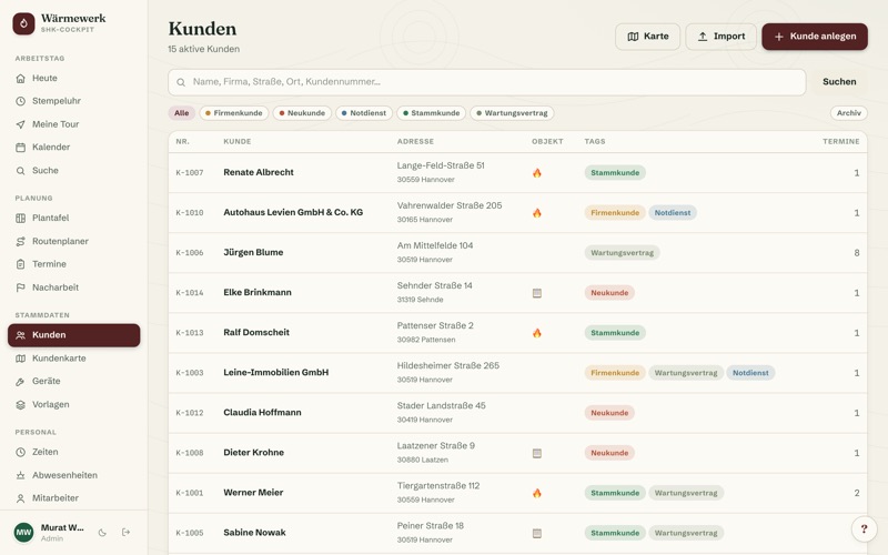 Customer list with tags & maintenance-contract filter