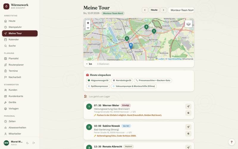 “My tour today” with asset info per stop