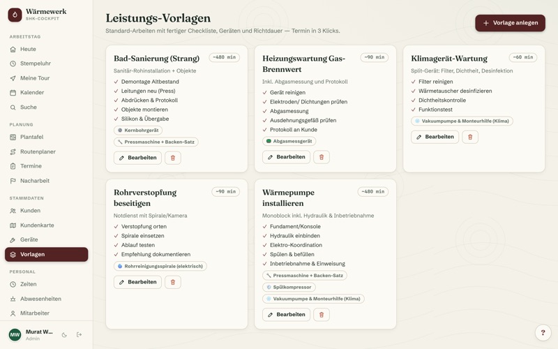 Service templates with checklist, tools & prices