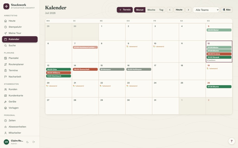 Calendar with team colours