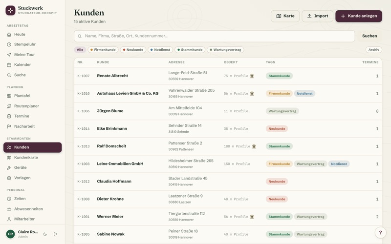 Customer list with profile metres, tags & search