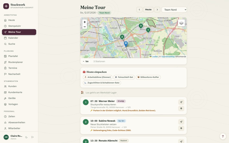 “My tour today” with property data & packing list