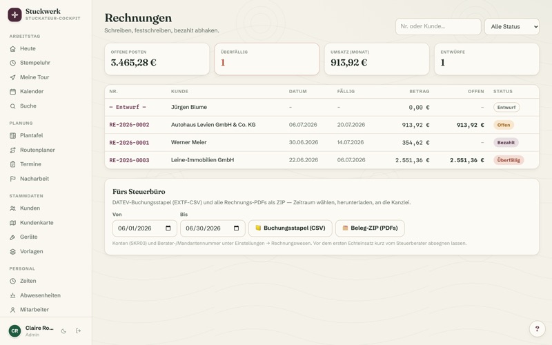Invoices: per-metre positions, open items & DATEV export