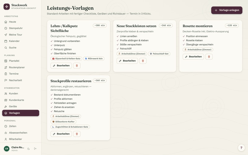 Service templates with price positions — profile €98/m