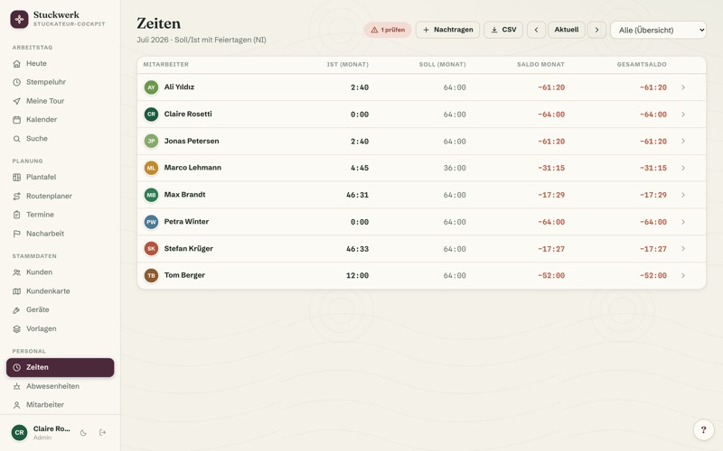 Time reports: target/actual, balance & export