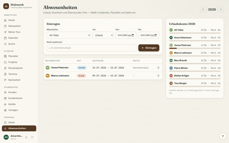 Absences & holiday account