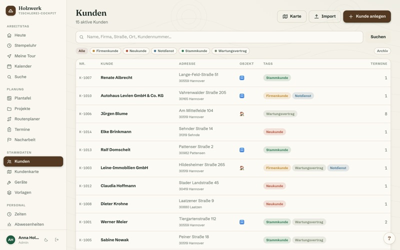 Customer list with tags & search