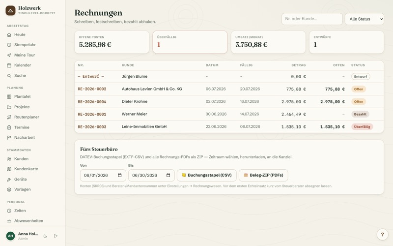 Invoices: instalments, open items & DATEV export